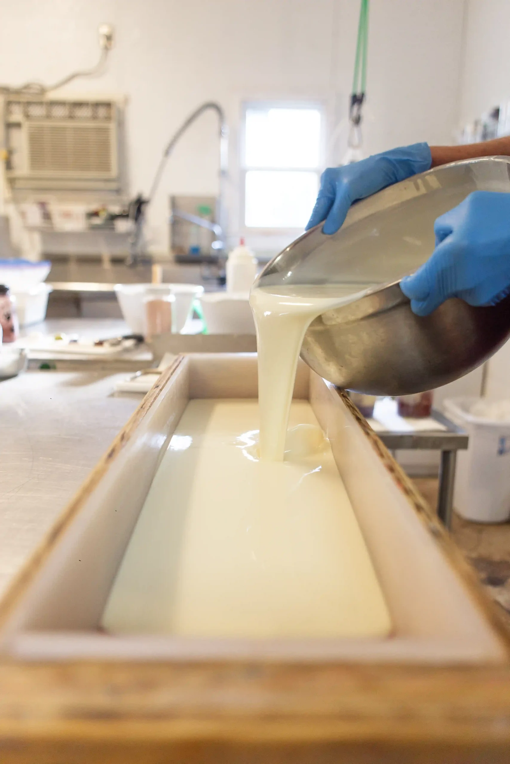 Fresh Goat Milk Soap being poured into its mold