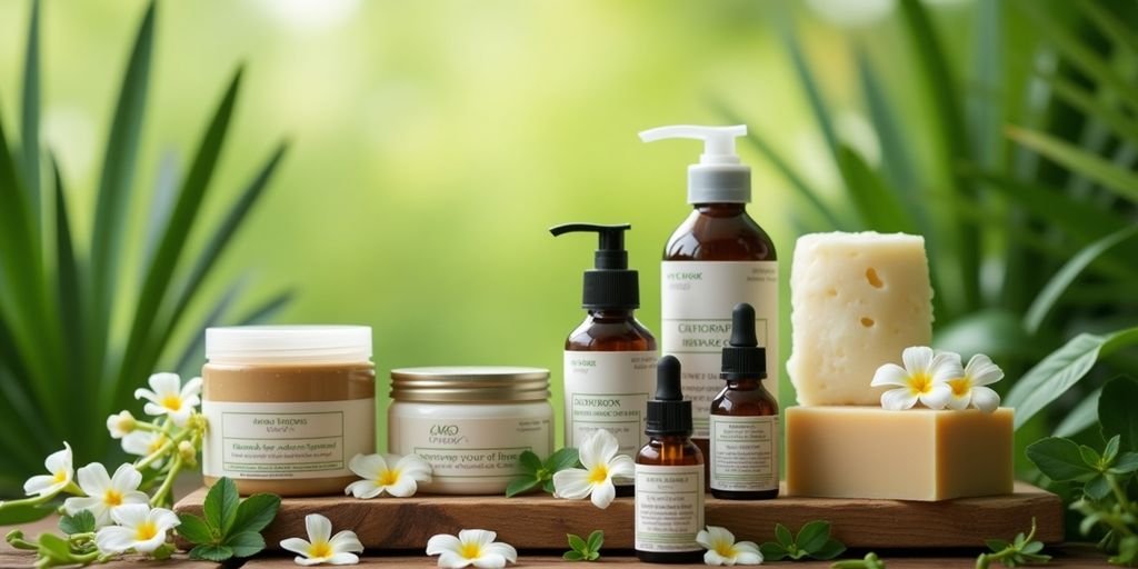 Natural skincare products on a wooden surface with plants.