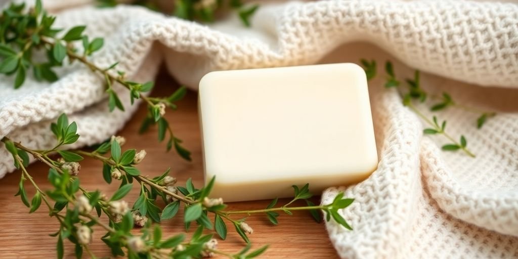 Goat milk soap with herbs and soft towels.