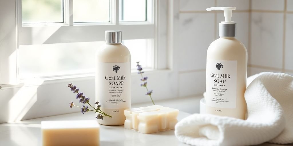 Goat milk skincare products in a serene bathroom setting.
