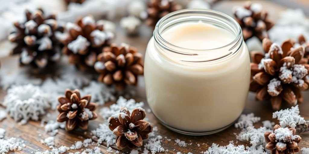 Goat milk lotion jar with winter elements around it.