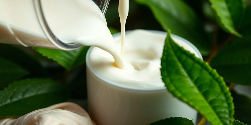 Goat milk skincare with natural ingredients in a fresh setting.