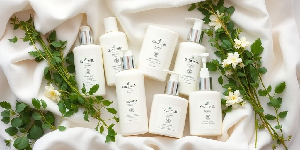 Natural goat milk skincare products with herbs and fabrics.