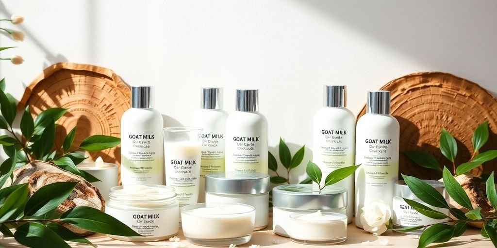Goat milk skincare products artfully arranged with natural elements.