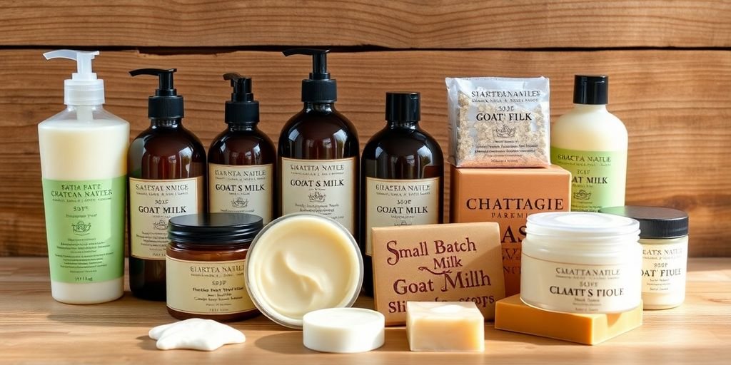 Collection of goat milk skincare products on wooden surface.