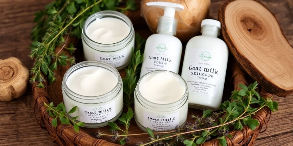 Goat milk skincare products with herbs on wooden background.