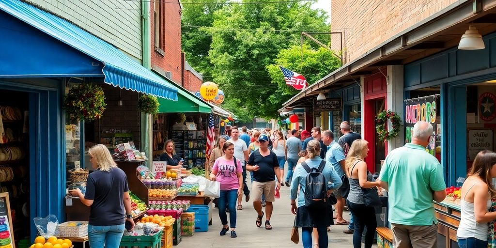 Local market in Chattanooga with diverse shops and shoppers.