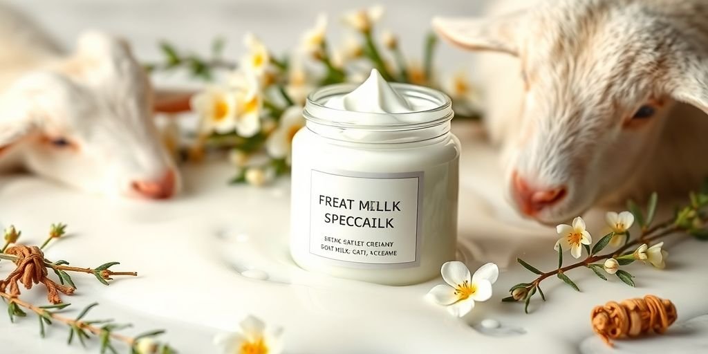 Goat milk skincare cream with fresh herbs and milk.