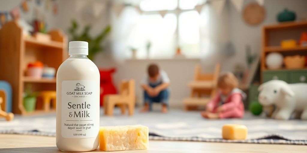 Goat milk soap bottle next to a child’s toys.