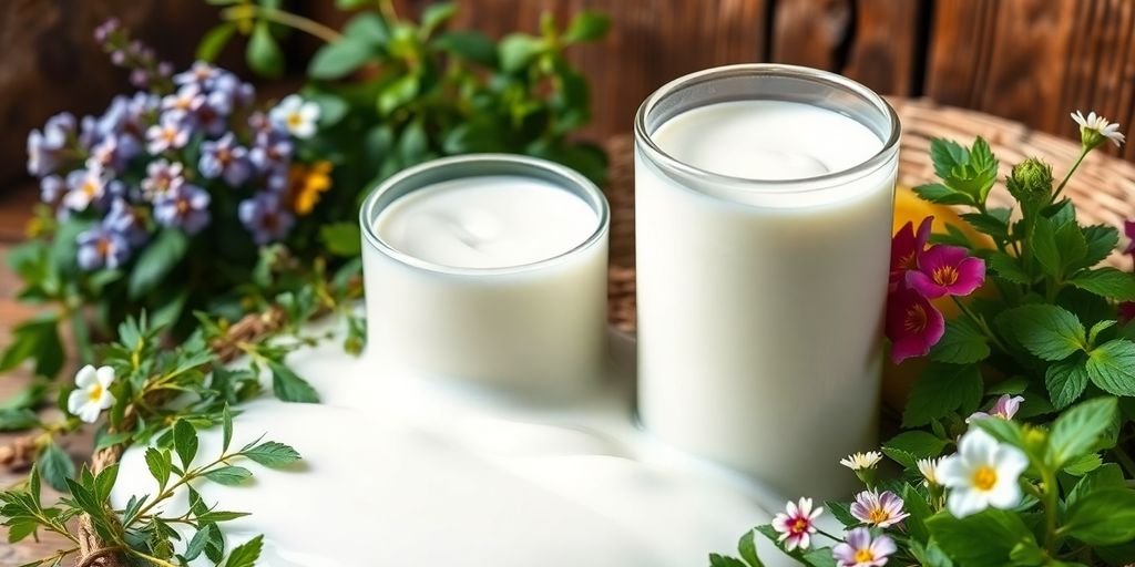 Goat milk with herbs in a natural skincare setting.