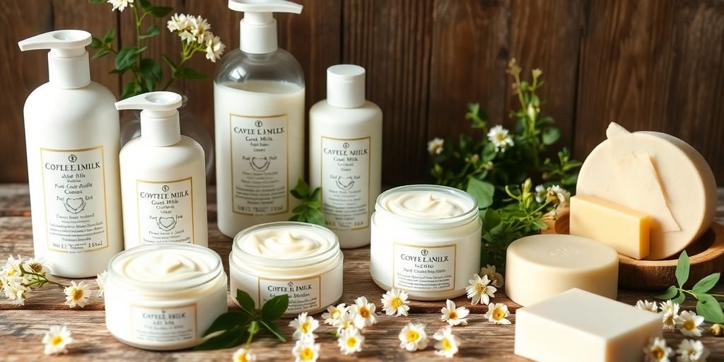 Luxurious goat milk skincare products on a wooden table.