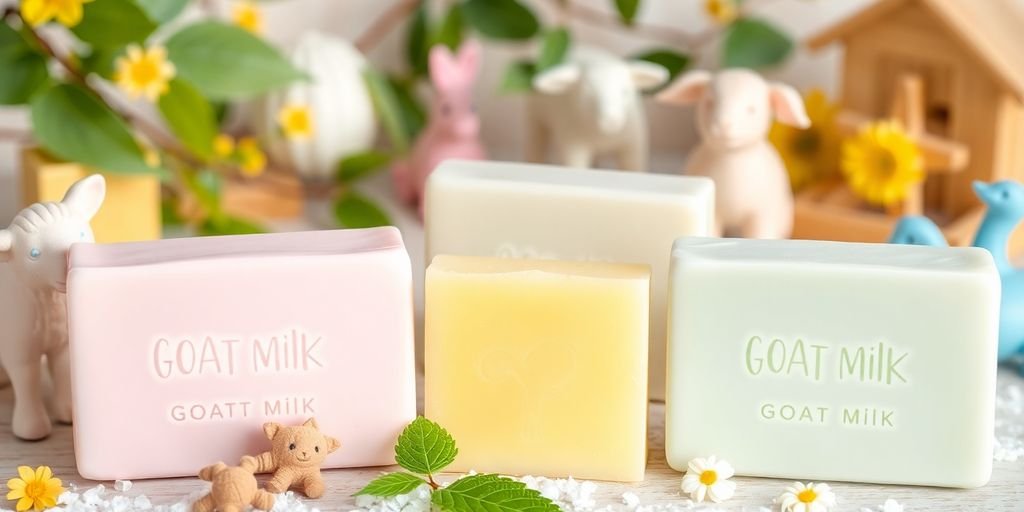 Goat milk soap bars with toys and natural elements.