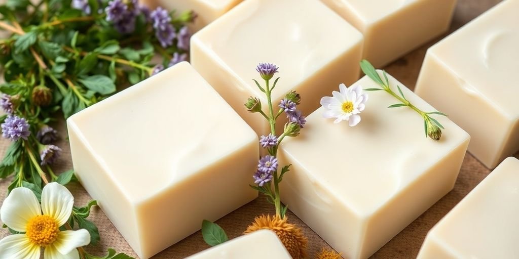 Close-up of goat milk soap bars with fresh herbs.