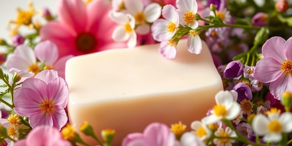 Goat milk soap with spring flowers on a natural background.