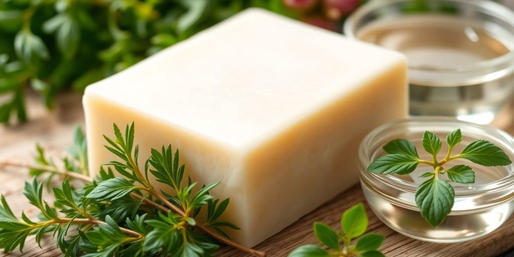 Photograph of natural soap with herbs and water.