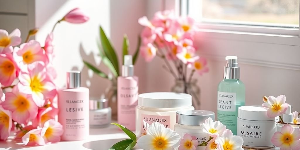 Colorful skincare products surrounded by fresh spring flowers.