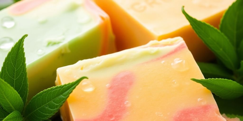 Natural soap bars with leaves on a reflective surface.