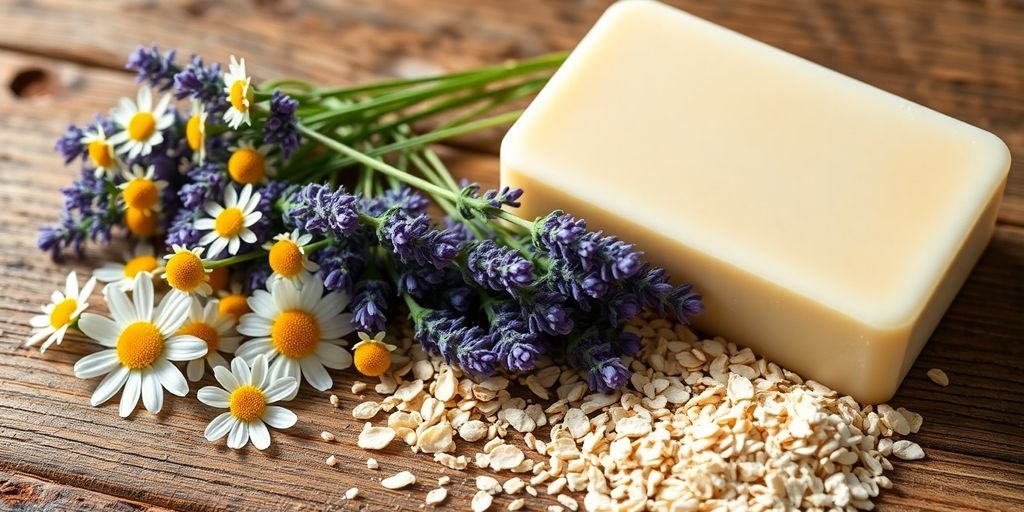 Natural soap ingredients for calming skin inflammation and redness.