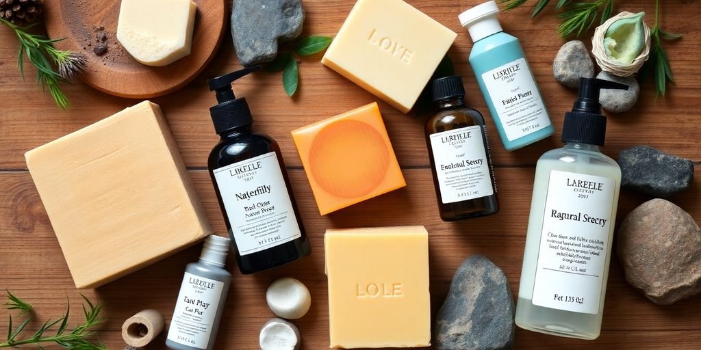 Natural soaps and men's skincare products in a flat lay.