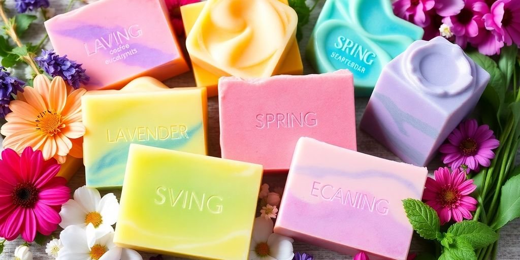 Colorful spring soaps with lavender, eucalyptus, and peppermint.