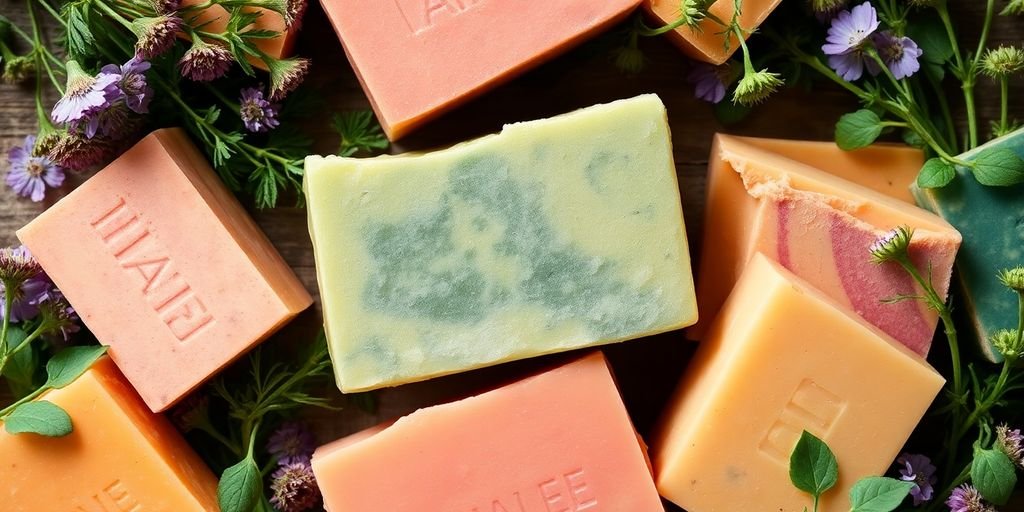 Colorful natural soaps with herbs and flowers around them.