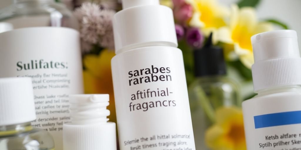 Skincare products with labels on harmful ingredients.