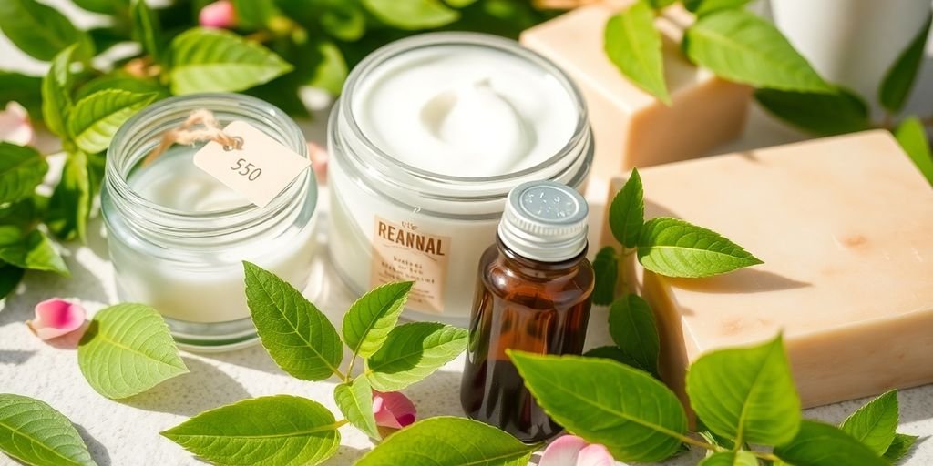 Natural skincare products, price tags, green leaves.