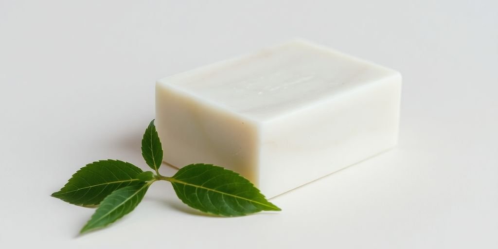 Natural soap bar with green leaves.