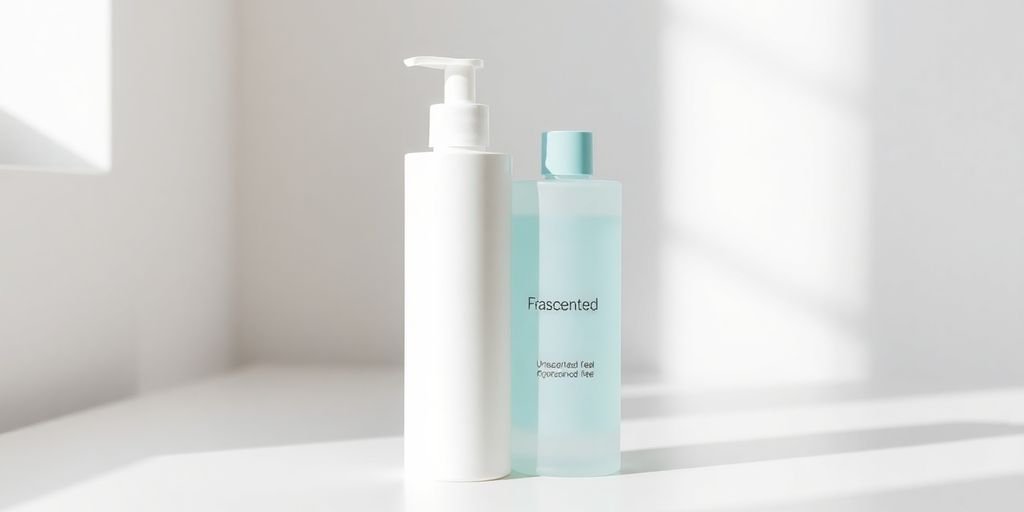 Two skincare bottles, one labeled unscented, other fragrance-free.