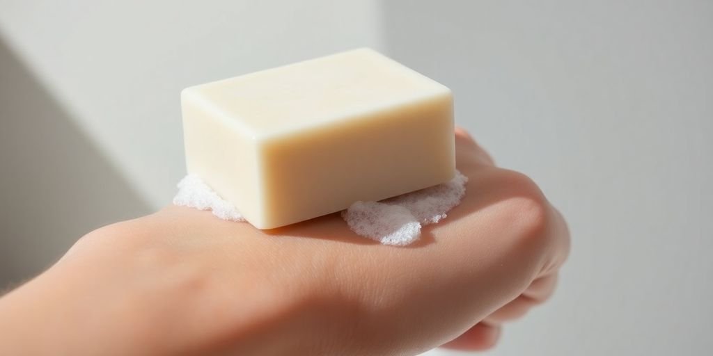 Goat milk soap bar, foam, and healthy skin.