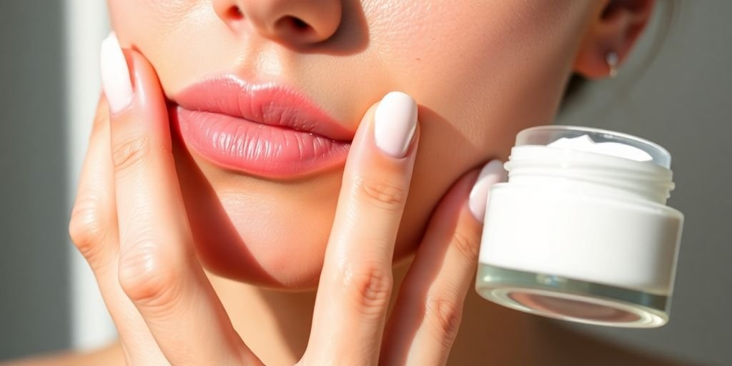 Woman applying moisturizer to her face