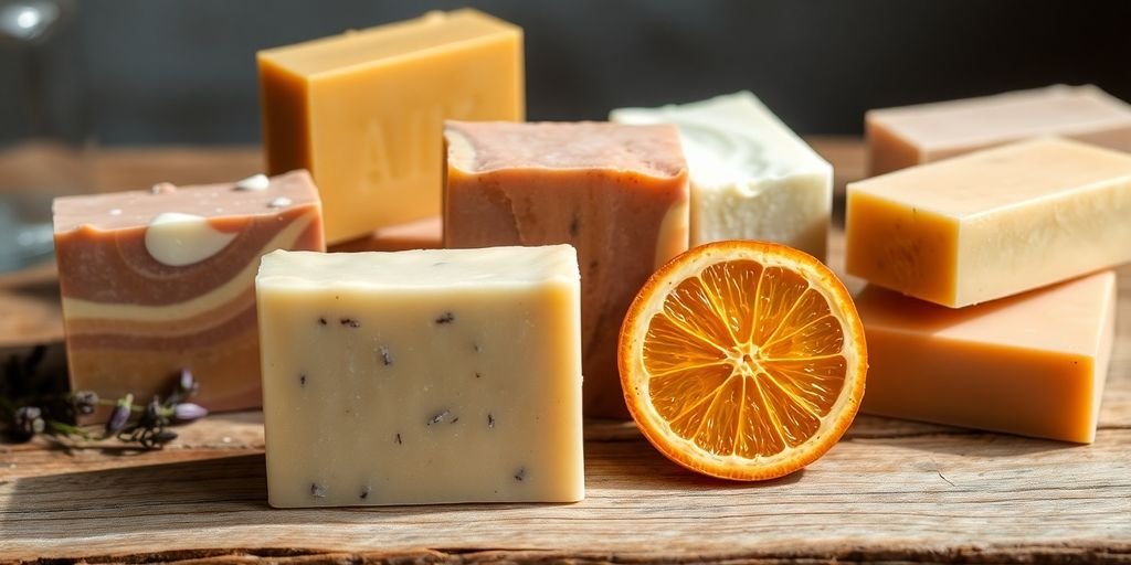Handmade soap bars on a rustic wooden surface.