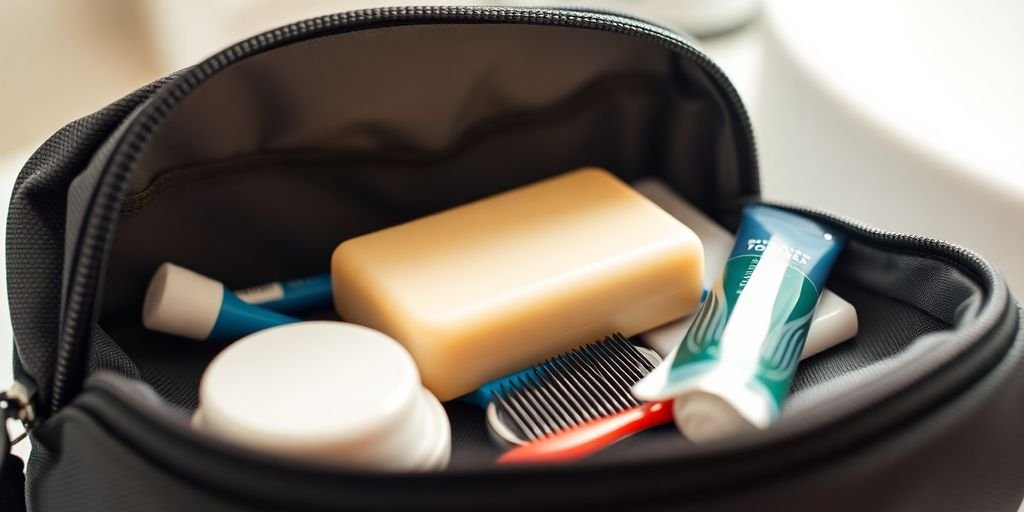 Bar soap and toiletries in a travel bag.