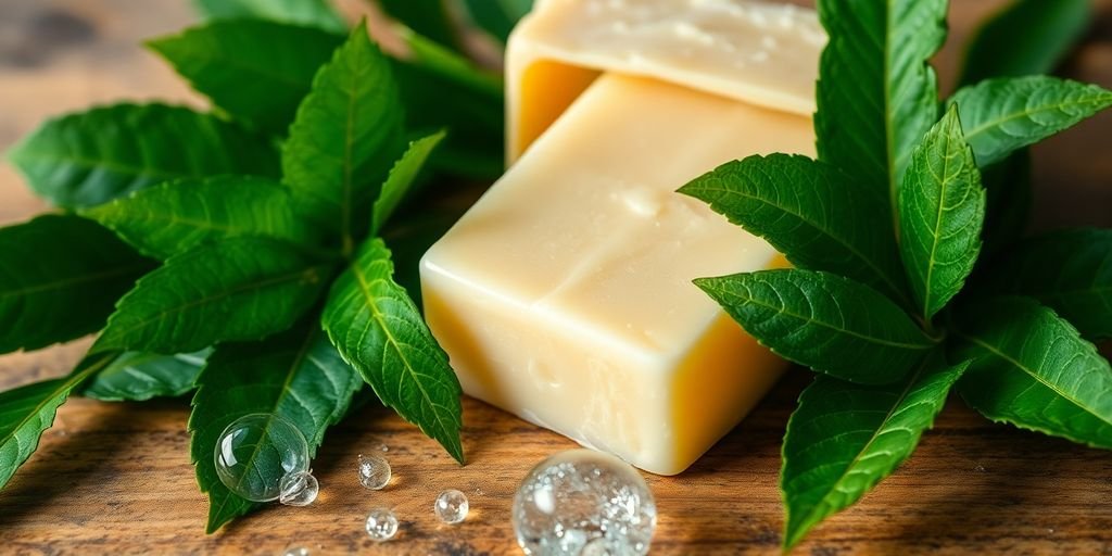 Homemade soap, bubbles, and green leaves.