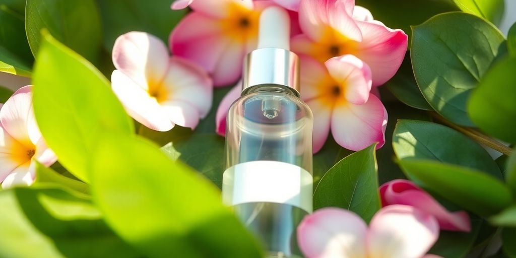 Fresh botanical ingredients near a skincare bottle.