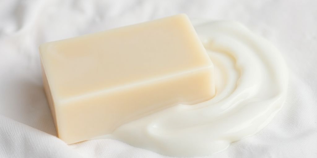 Goat milk soap bar near creamy lather on skin.
