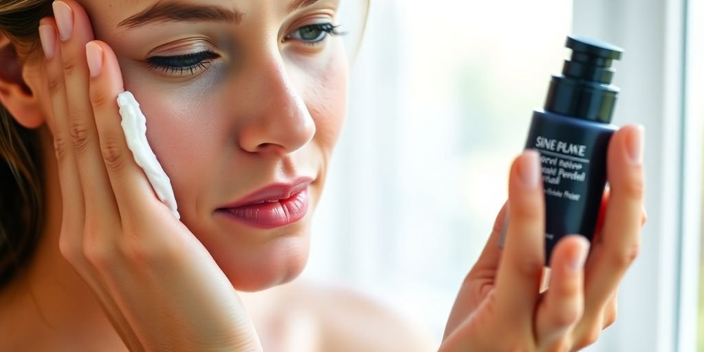 Woman applying gentle skincare on a sunny day.