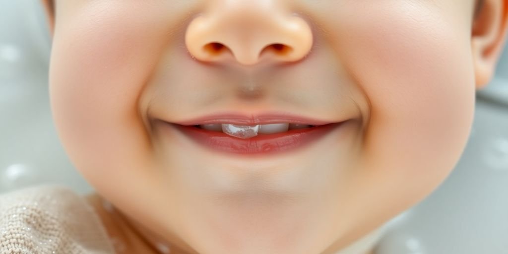 Child with clear skin, smiling, near gentle soap.