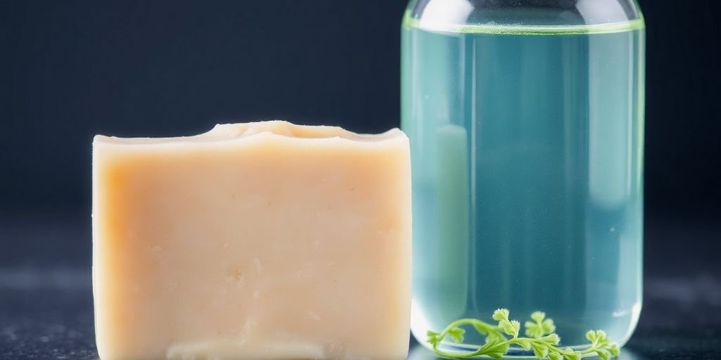 Bar soap next to a plastic liquid soap bottle.