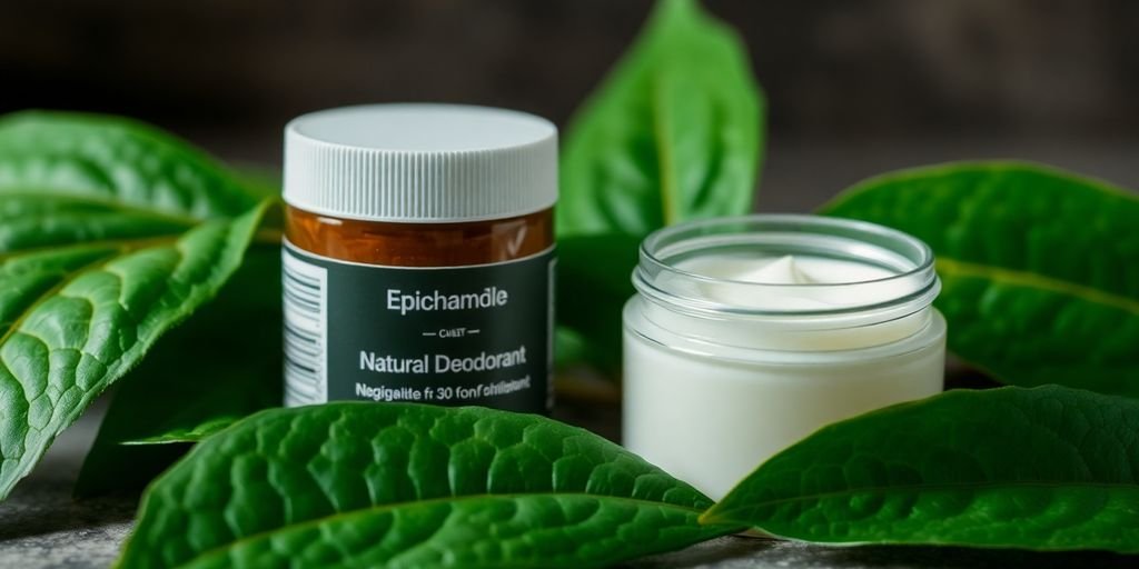 Close-up of green leaves and natural deodorant.