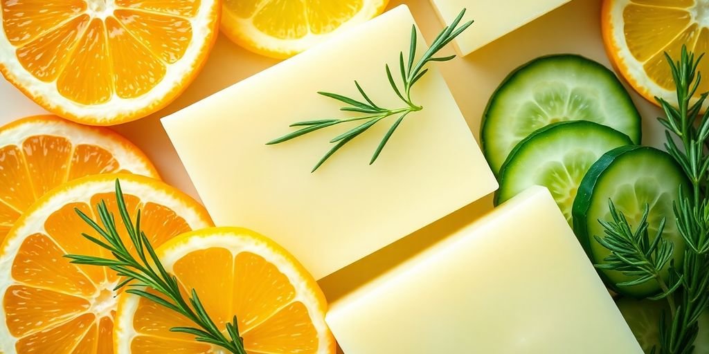 Fresh citrus, rosemary, and cucumber soap bars.